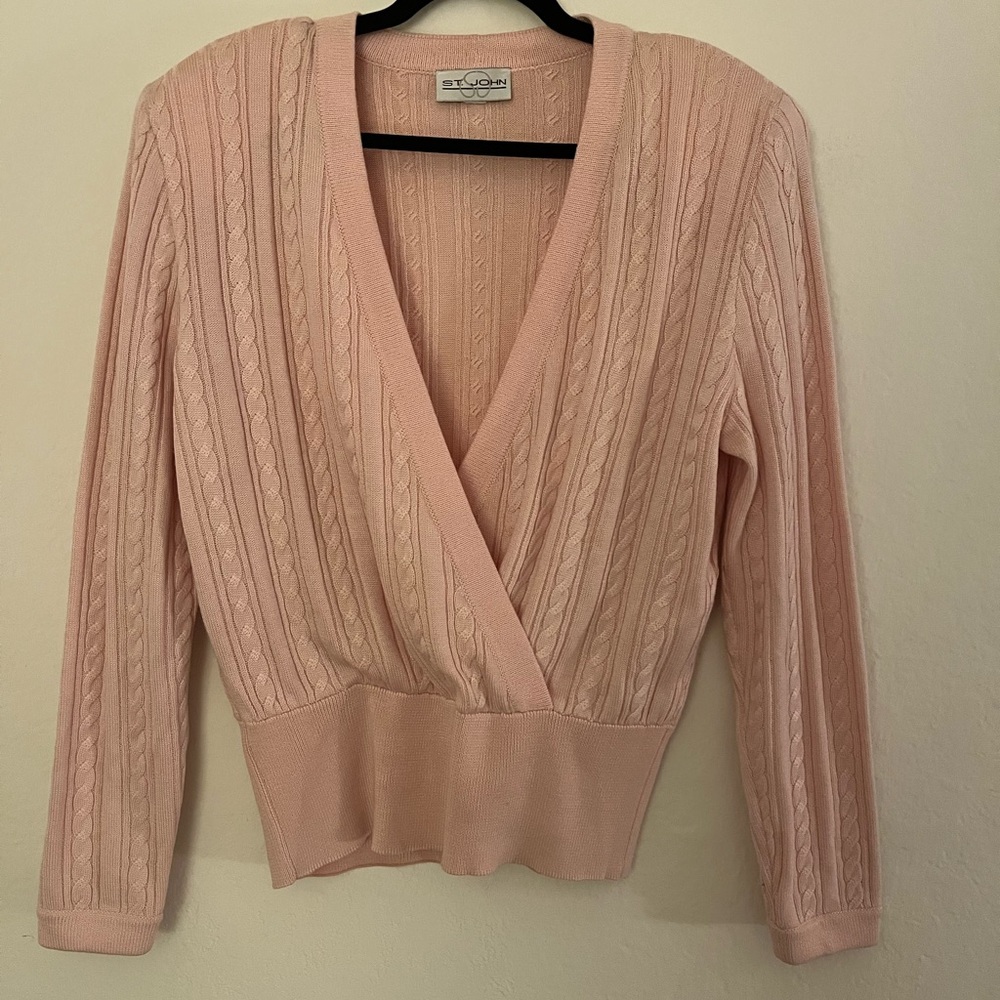 St. John Pale Pink Cable-Knit V-Neck Sweater